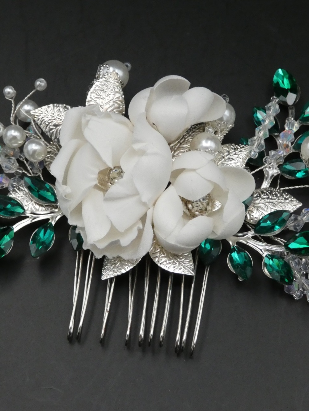 Floral and Crystal Hair Comb -White, Green, and Silver